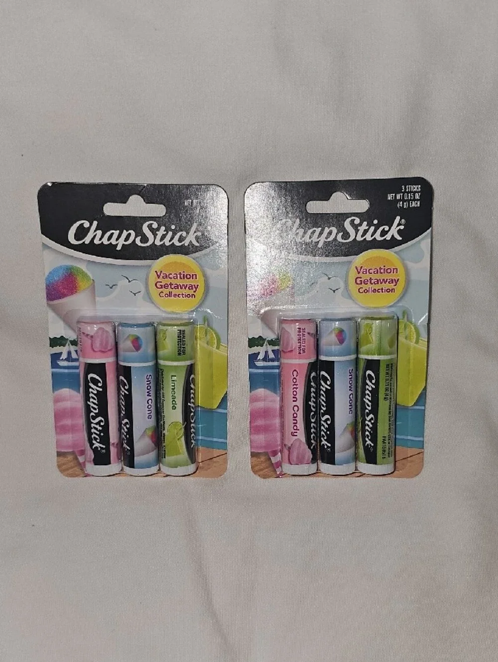ChapStick Vacation Getaway Lip Balm Tubes Cotton Candy, Snow Cone, Limeade, 0.15